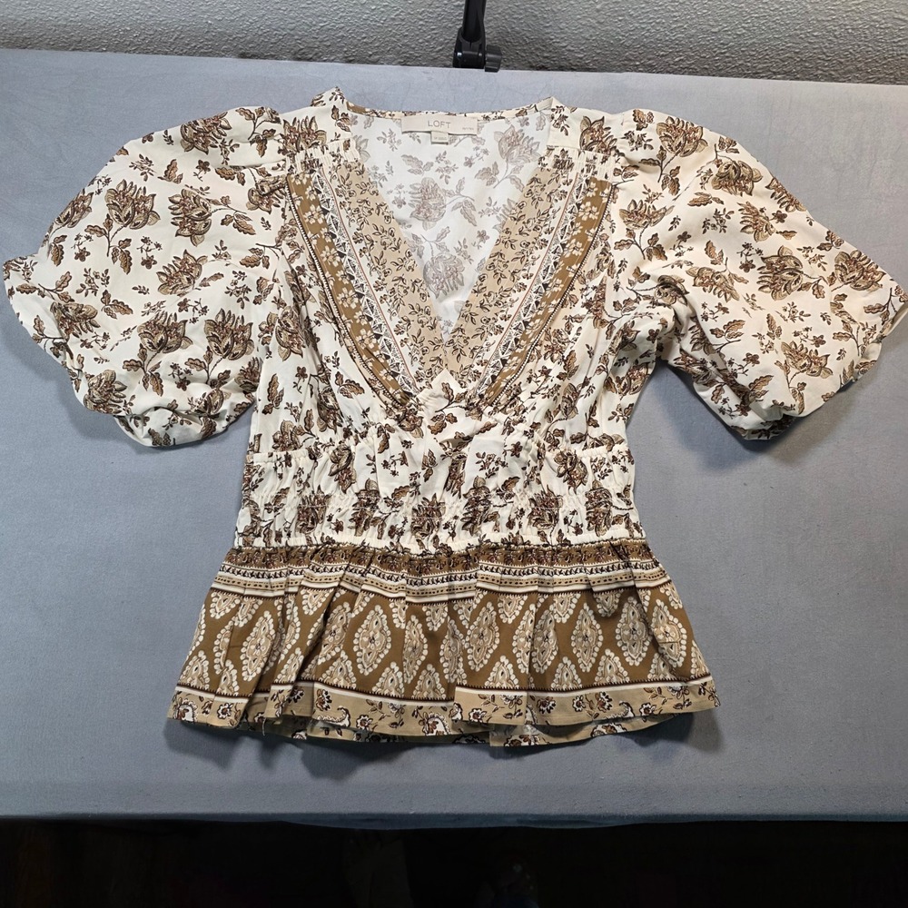 LOFT Petite Small Floral Medallion Smocked Peplum Top Brown Cream Puff Sleeve